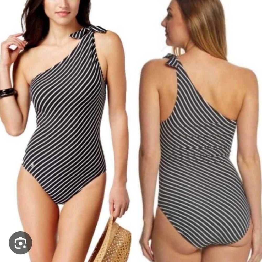 Lauren Ralph Lauren Striped One-Shoulder One Piece Swimsuit EUC Sz 14